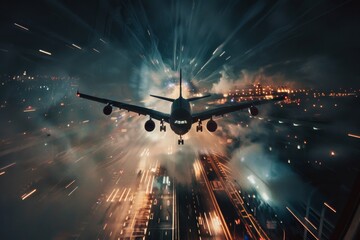 airplane landing in the airport line, snapshot aesthetic - obrazy, fototapety, plakaty