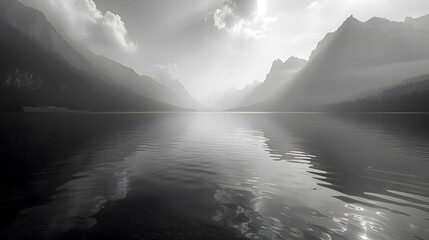dramatic mountain lake scenery - black & white