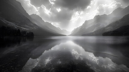 dramatic mountain lake scenery, black white nature photography, water reflection sun light cloudy sky