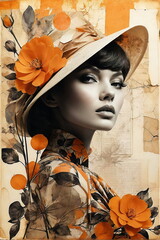 Abstract vintage portrait of young woman with flowers. art collage ,poster, double exposure style.