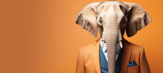 Anthropomorphic elephant in formal business suit working in corporate office setting with copy space