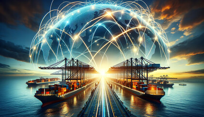A dynamic image of a shipping port with cargo ships and cranes overlaid with a glowing digital mesh representing global trade networks at sunset.Logistics solutions in the future.AI generated. - obrazy, fototapety, plakaty