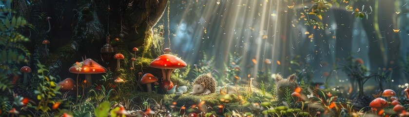 Fairy tale tea party with garden gnomes pixies and a hedgehog magical noon - obrazy, fototapety, plakaty
