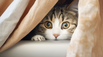A cat peeking out from behind a curtain.