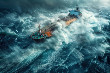 A huge LNG tanker ship sailing through a stormy ocean. The concept of marine insurance. - obrazy, fototapety, plakaty