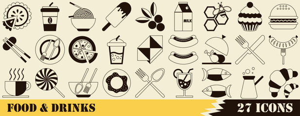 Set of 27 linear icons related to food and drinks. Abstract food and drink geometric pattern. Mosaic style. Collection of food icons. Vector illustration