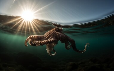 octopus swims in the open ocean underwater
