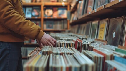 Person browsing through vinyl records in a store