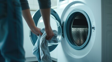 Person loading laundry into a modern washing machine