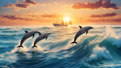 dolphins jumping into the sea - obrazy, fototapety, plakaty