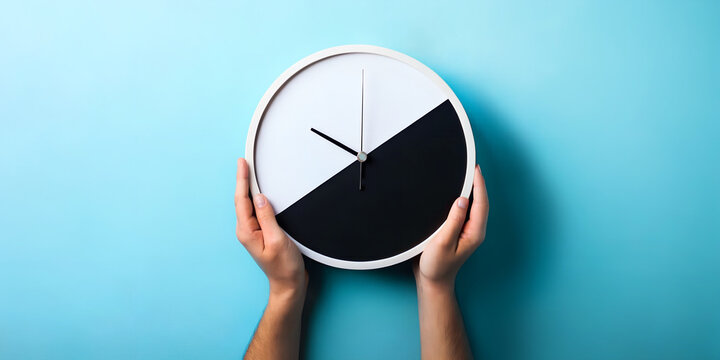 Time concept with hand holding clock ideas in blue background with time management communication in business. Business, Comparison, Illustration, Investment, Development, 3D Rendering