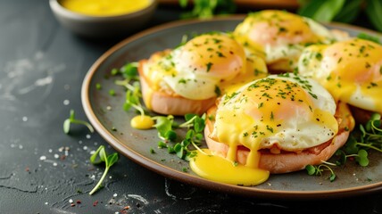 Poached eggs on toast topped with hollandaise sauce and herbs