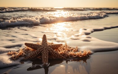 starfish on the seashore in the sun, washed by a wave 