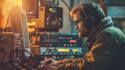 Man with headphones operating sound equipment