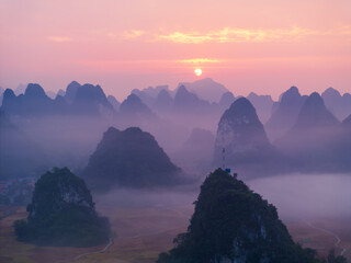 Beautiful foggy morning of karst mountain in Cao Bang, Vietnam