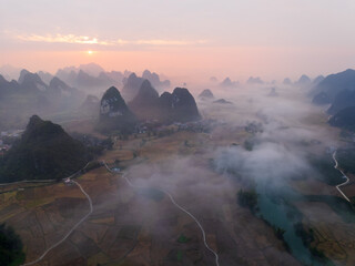Beautiful foggy morning of karst mountain in Cao Bang, Vietnam