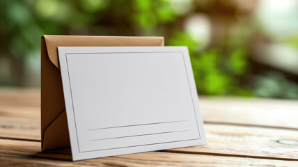 Blank postcard with an envelope on a wooden table