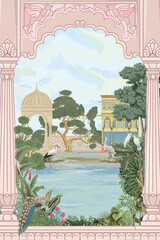 Traditional Mughal garden with lake, arch, peacock, crane bird, parrot, palace and temple landscape illustration