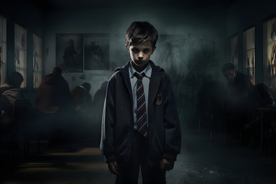 Spine-Tingling School Scene - A Full-Body Shot Capturing Frightened Eyes and Haunting Atmosphere - Photo Banner Edition.