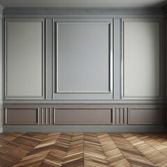 Grey wall raised paneling background with parquet floor. Mock up room.