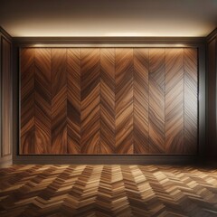Dark brown wall raised paneling background with parquet floor. Mock up room. - obrazy, fototapety, plakaty