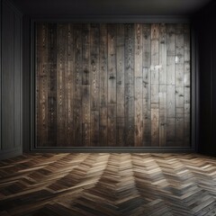 Dark wooden wall raised paneling background with parquet floor. Mock up room. - obrazy, fototapety, plakaty