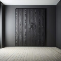 Black wooden wall raised paneling background with parquet floor. Mock up room. - obrazy, fototapety, plakaty