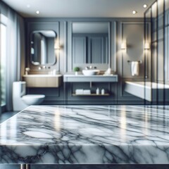 Marble table top with blurred bathroom interior background