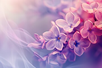 Beautiful lilac flowers on a background of blue sky and white clouds. Abstract background awareness days in May in cream and lilac. 