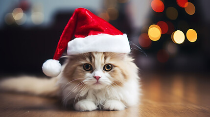 Fototapeta na wymiar A cat with a Christmas hat.