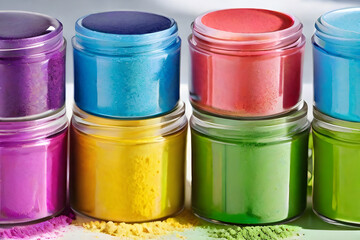 jars with multi-colored loose paint, Holi holiday. Leonardo AI platform.