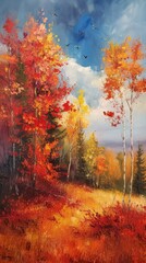 Naklejka na ściany i meble A landscape painting showcasing the vibrant colors of autumn