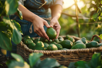 A woman farmer picking in a basket organic green avocados at a avocado farm.