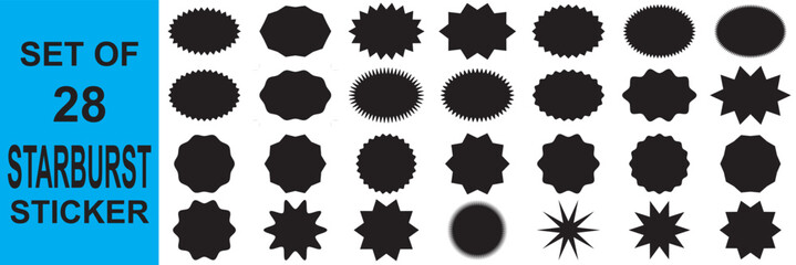 Star burst stickers. Used in Discount promo stamps. Circle, round splash badges. Black tag product labels. Set starburst shapes isolated on white background. Flat illustration. EPS 10 © KD Vector Studio