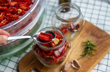 Sun-dried tomatoes are prepared for the winter. selective focus.