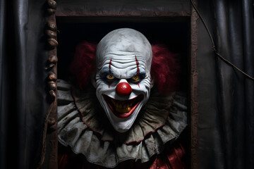 Clown Photo Banner - Brace Yourself for the Ominous Gaze and Bone-Chilling Presence. - obrazy, fototapety, plakaty