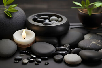 Black basalt stones, white small candle for spa salon.