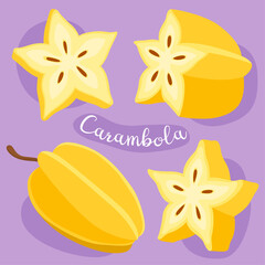Obraz premium Carambola, star fruit. Half, slice and whole of yellow ripe starfruit. Tropical exotic fruits. 