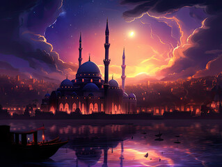 Captivating digital art: Ramadan's serene moonlit night fades into Eid vibrant dawn, symbolizing the transition from fasting to joyous celebration - obrazy, fototapety, plakaty