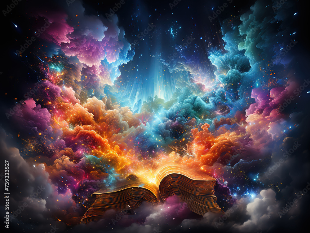 Wall mural opened magic book realistic image with bright sparkling light rays