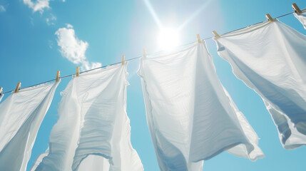 White sheets dry on a clothesline against the background of a blue sunny sky. Laundry day concept. Generative AI