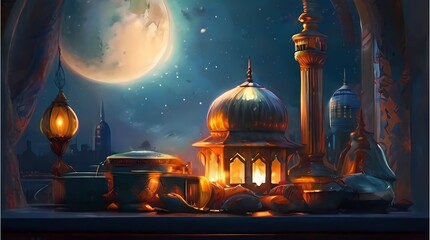 Fototapeta premium Seamless looping animation of arabic lantern lights background with night sky and moon. Ramadan and Eid mubarak background. Islamic design.