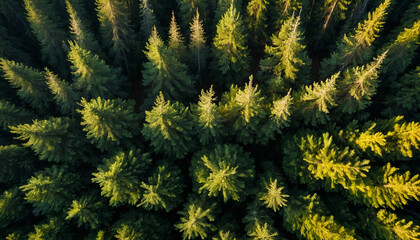 Spruce landscape from a breathtaking aerial perspective showcase the symmetrical patterns of the dense forest canopy, with sunlight filtering through in golden shafts
