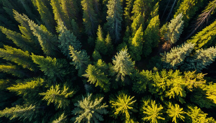 Fototapeta premium Spruce landscape from a breathtaking aerial perspective showcase the symmetrical patterns of the dense forest canopy, with sunlight filtering through in golden shafts 