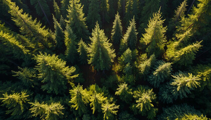 Fototapeta premium Spruce landscape from a breathtaking aerial perspective showcase the symmetrical patterns of the dense forest canopy, with sunlight filtering through in golden shafts 