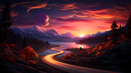 Road illustration, beautiful natural landscape aerial panorama