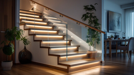 A trendy wooden staircase with clear glass balustrades, softly lit by LED strips beneath the handrails, in a well-designed, stylish home.