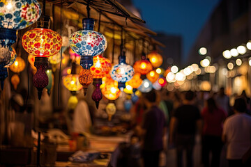 Ramadan bazaar sparkles: Lanterns weave magic, vibrant lights dance, lively celebration beneath starlit canopy - obrazy, fototapety, plakaty