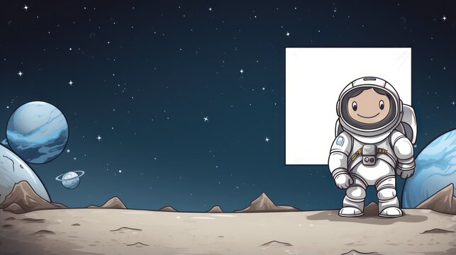 Astronaut cartoon illustration, greeting card template text copy space design. Childern theme.	
