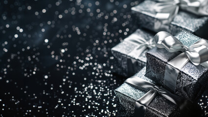 Black and silver gift boxes with ribbons on a black background with light reflections and glitter